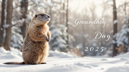 Obraz premium Groundhog Day 2025. Groundhog in the forest in winter with text. Greeting card or illustration for news about Groundhog Day holiday