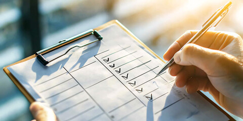 World Cancer Day Concept. Hand Holding Pen on Clipboard with Checklist Template