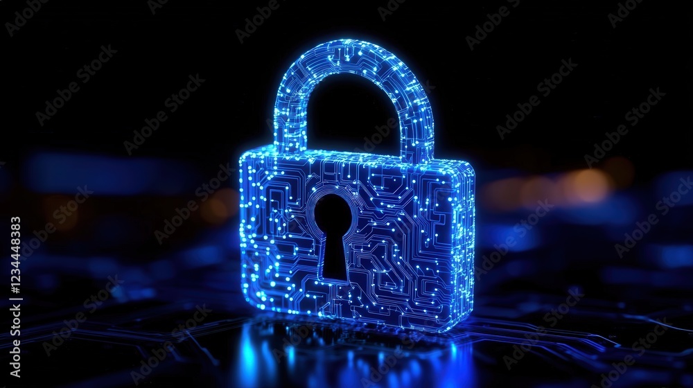 Poster blue digital padlock with glowing circuit patterns representing cybersecurity and data protection in