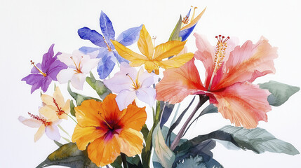 vibrant watercolor painting of various tropical flowers, showcasing hibiscus and lilies in bright colors
