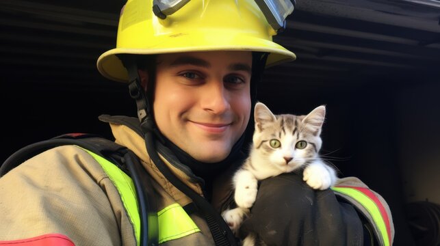 A firefighter, beaming with joy, cradles a rescued kitten, showcasing a heartwarming act of bravery and compassion.