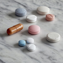 Pill and tablets on a table