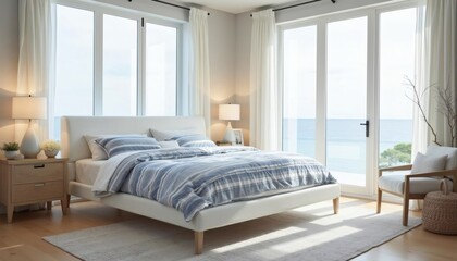 Fototapeta premium Coastal Bedroom Design with White Bed and Ocean View