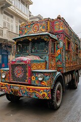 Obraz premium High-resolution photo of a truck adorned with traditional artistic patterns and designs, showcasing intricate hand-painted artwork