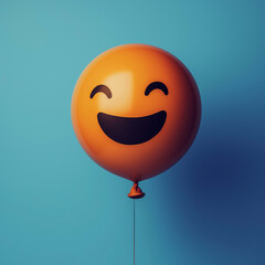 Naklejka premium Happy orange balloon with smiling face against blue background, creating cheerful and playful atmosphere. Perfect for celebrations and joyful occasions
