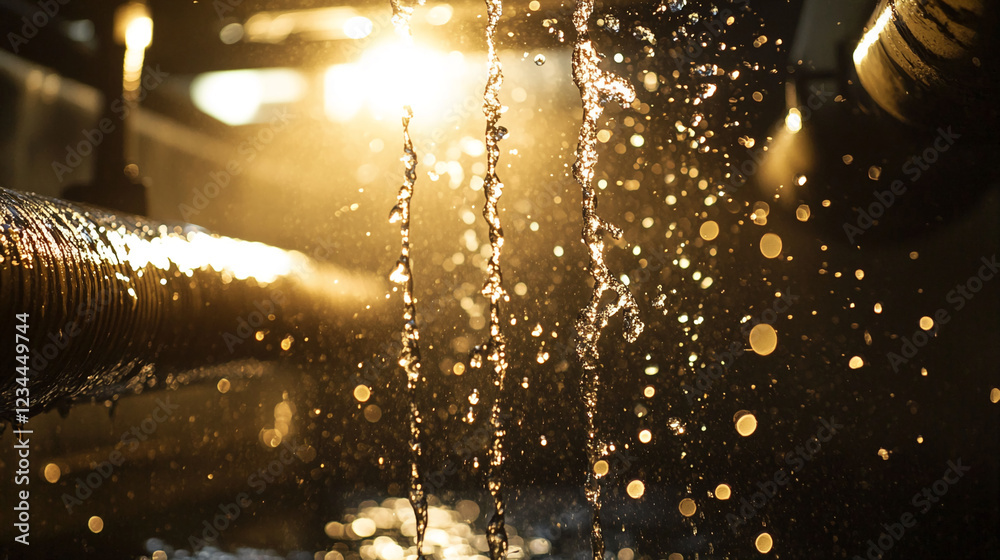 Poster Water dripping from a rusty pipe with sunlight creating a warm glow on the droplets, symbolizing decay, leakage, and the beautiful interaction between water and light.