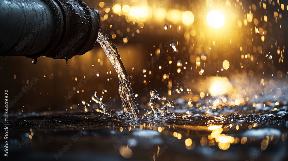 Poster water flowing from a pipe with droplets sparkling in the sunlight, symbolizing the flow of water and