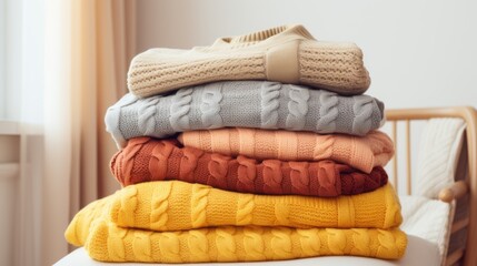 A cozy stack of vibrant knitted sweaters basking in warm sunlight by a window, exuding comfort and warmth for chilly days.