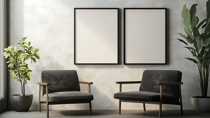 modern living room with furniture two frames empty 3d mockup render design . Modern Boho Living Room with Neutral Tones and Wall Art Frames 3d design mockup