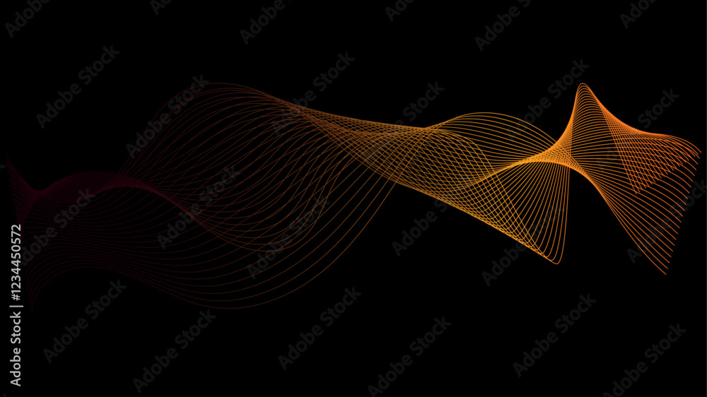 Poster Abstract gold and black gradient backdrop technology background with flowing dynamic wave lines. Abstract modern technology background with energy wavy smooth lines blend and particles data flow. 