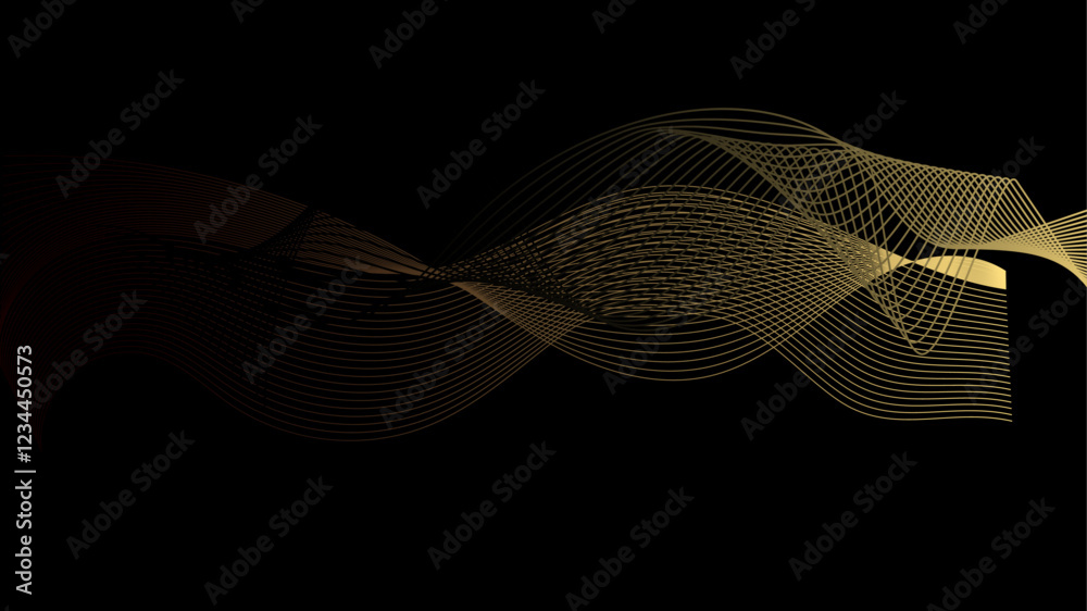 Poster Abstract gold and black gradient backdrop technology background with flowing dynamic wave lines. Abstract modern technology background with energy wavy smooth lines blend and particles data flow. 
