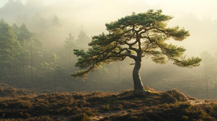 Obraz premium Lone pine tree sunrise misty forest heather landscape nature