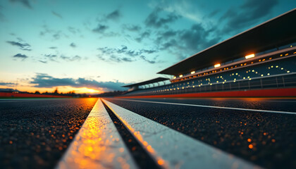 Racetrack at sunset, long exposure light trails, dramatic sky, low angle view, glowing yellow lines, asphalt texture, dusk colors, sports venue, speed concept, motorsport atmosphere, wide angle lens, 