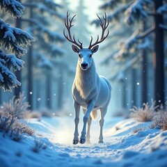Deer in the winter forest. Winter landscape. 3d render