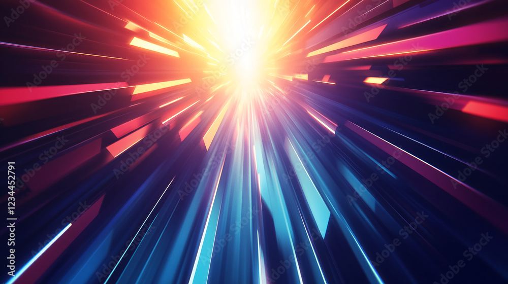 Poster Abstract 3D dynamic pattern with glowing, colorful lines radiating from the center, creating a sense of speed, motion, and energy, perfect for modern technology and futuristic themes.
