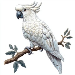 Fototapeta premium Majestic White Cockatoo Perched Gracefully on Branch Surrounded by Lush Green Leaves in Vibrant Natural Setting