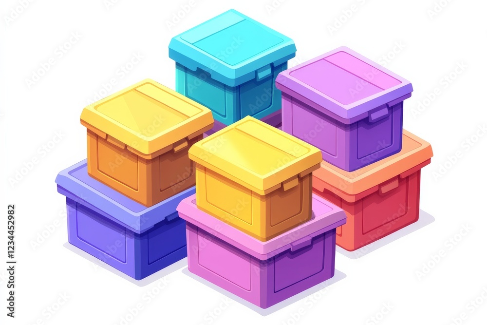 Poster colorful stacked storage boxes arranged in a playful manner showcasing a variety of sizes and shapes