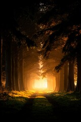 Obraz premium Golden Sunlight Illuminates Path Through Tree Lined Avenue