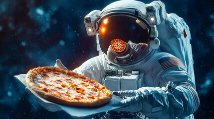 An astronaut courier delivers pizza in space. Delivery service from the future