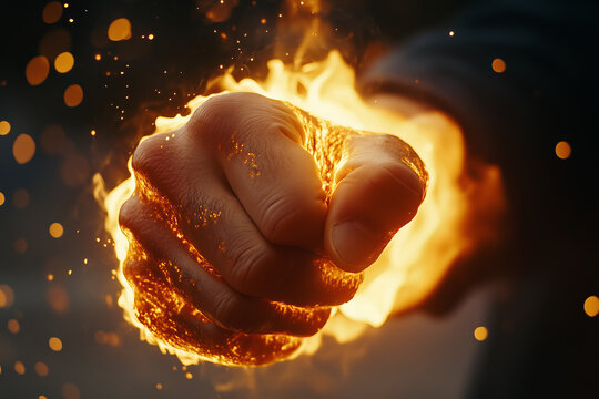 Strong male man exploding burning fire fist punch, fight concept background.