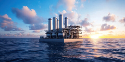 Floating carbon capture station in ocean at sunset, showcasing technology and innovation