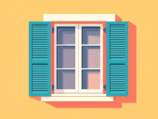 A yellow-framed window with open shutters. The window has glass panes and casts a shadow on a light plain wall.