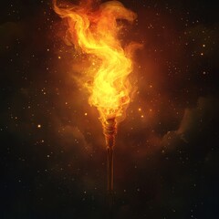 A flaming torch with dramatic lighting and glowing flames in a dark, smoky background. Perfect for symbolic or historical themes.
