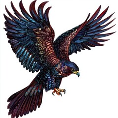 Majestic Falcon in Flight with Colorful Feathers and Dynamic Wing Display against a White Background