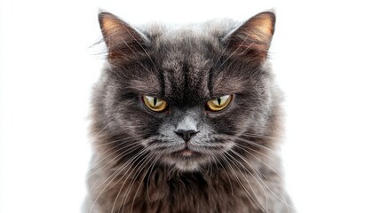 Obraz premium A grumpy gray longhair cat stares intensely at the camera against a white background. Its golden eyes and serious expression create a captivating image.