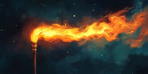 A flaming torch with dramatic lighting and glowing flames in a dark, smoky background. Perfect for symbolic or historical themes.
