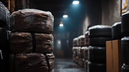 Naklejka premium Dimly Lit Warehouse with Stacked Bales and Industrial Atmosphere