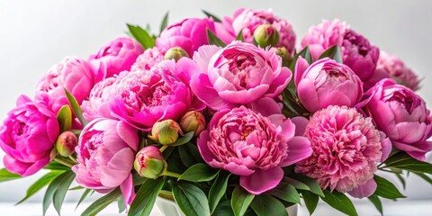 Vibrant pink peonies arranged in a loose bouquet against a soft white background with delicate green leaves