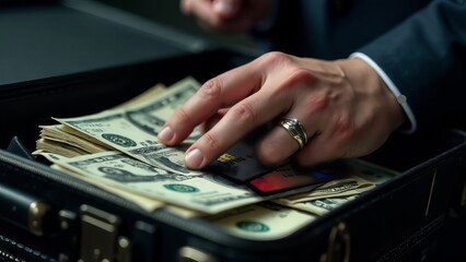 A businessman's hand and a suitcase of money. 