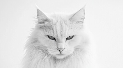Fototapeta premium A majestic longhaired white cat stares intently into the camera, its piercing gaze captivating against a stark white background. The monochromatic palette enhances the feline's regal presence.