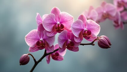 Light grey veil wraps around red orchid stems in a serene environment, soft focus, Orchid