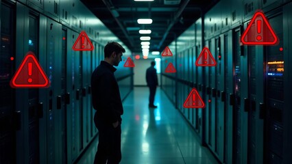 Two male network engineers inspect the room with servers, there was a failure and the Internet went off, the indicators are on no Internet, error, attention.