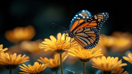 Monarch Butterfly on Yellow Daisies: A Close-up of Nature's Beauty