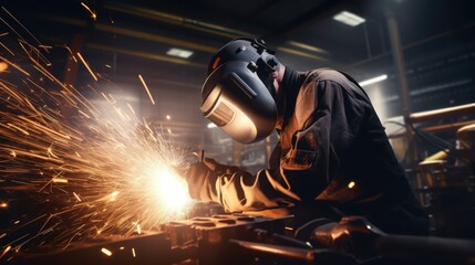 A welder in a thick suit and helmet is intensely focused, as sparks fly around, highlighting a moment of dedication and skilled craftsmanship.