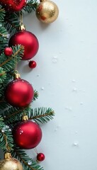 Fototapeta premium Red and gold vintage ball garland against snowy white background, Christmas, holiday, snowflake