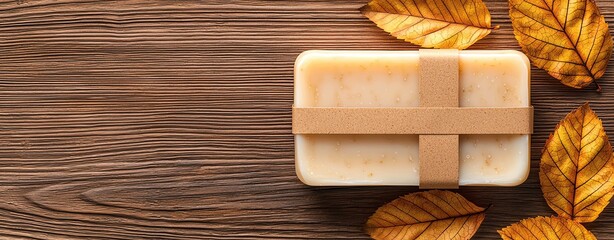 Eco-friendly packaging seasonal of A handcrafted soap bar wrapped elegantly in paper, surrounded by autumn leaves on a wooden background, embodying natural beauty.