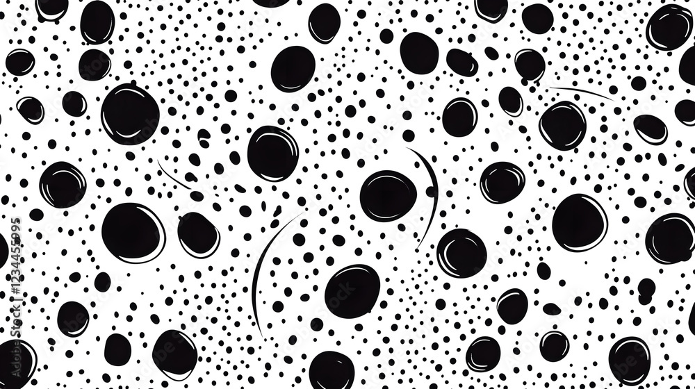 Aufkleber Abstract black and white minimalist pattern with randomly scattered fluid polka dots circles and geometric shapes  Contemporary digital art background with a clean modern and harmonious visual design