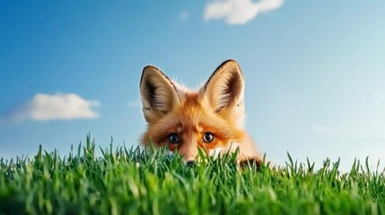 Fototapeta premium Mischievous fox peeks out from lush green grass under a bright blue sky