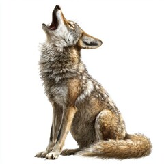 Obraz premium Realistic Coyote Howling with Detail Against White Background Captured in High Resolution