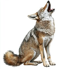 Fototapeta premium A Realistic Illustration of a Howling Coyote Sitting on a Solid White Background