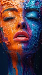 Woman with colorful face paint, closed eyes, dark background