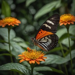 Obraz premium A vibrant Ismenius Tiger butterfly (Heliconius ismenius) delicately perched on a colorful tropical flower, its striking orange and black patterned wings spread wide. 