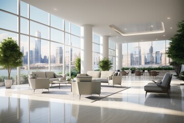 Fototapeta premium Modern and Spacious Office Lobby Featuring Large Windows with Stunning City Views and Elegant Furnishings Creating a Bright Environment