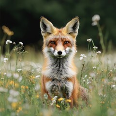 Obraz premium Portrait of a Curious Red Fox Standing Among Wildflowers in a Lush Green Meadow on a Bright Sunny Day