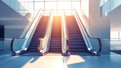 Obraz premium Two escalators in a modern building with sunlight streaming through large windows.