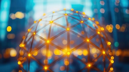 Glowing sphere network over blurred city backdrop at night